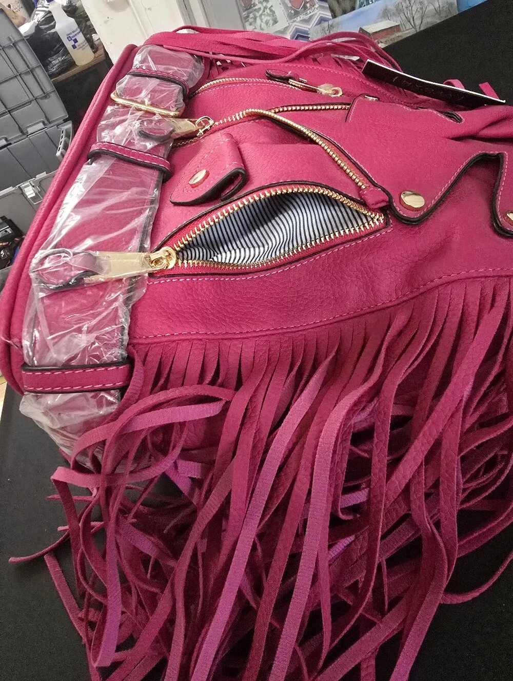 New LE Miel Vegan Hot Pink Fringe Moto Backpack Bag with Gold Hardware